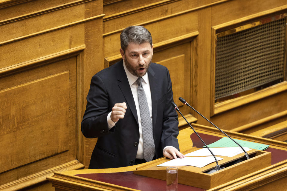 PASOK-Movement for Change (KINAL) leader, Nikos Androulakis, addresses lawmakers during a parliament session in Athens, Greece, Saturday, July 8, 2023. The newly elected Greek government seeks a vote of confidence from the parliament, following a three-day debate. (AP Photo/Yorgos Karahalis)