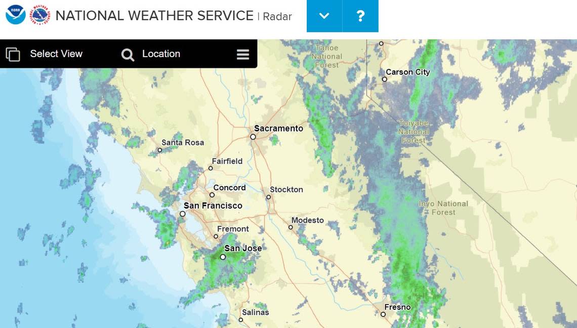 Doppler radar results are seen on a National Weather Service doppler radar map of Northern California.