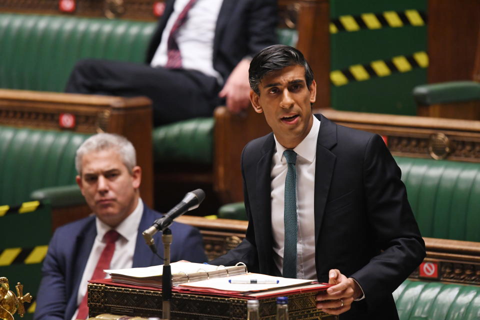 Britain's Chancellor of the Exchequer Rishi Sunak speaks on Spending Review 2020 and the Office for Budget Responsibility's latest economic and fiscal forecast at the House of Commons in London, Britain November 25, 2020. ?UK Parliament/Jessica Taylor/Handout via REUTERS  THIS IMAGE HAS BEEN SUPPLIED BY A THIRD PARTY. MANDATORY CREDIT. IMAGE MUST NOT BE ALTERED