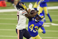 Los Angeles Rams safety John Johnson III, right, breaks up a pass intended for Chicago Bears wide receiver Anthony Miller during the second half of an NFL football game Monday, Oct. 26, 2020, in Inglewood, Calif. (AP Photo/Kelvin Kuo)