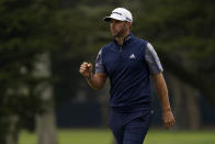 Dustin Johnson celebrates on the second hole during the final round of the PGA Championship golf tournament at TPC Harding Park Sunday, Aug. 9, 2020, in San Francisco. (AP Photo/Jeff Chiu)