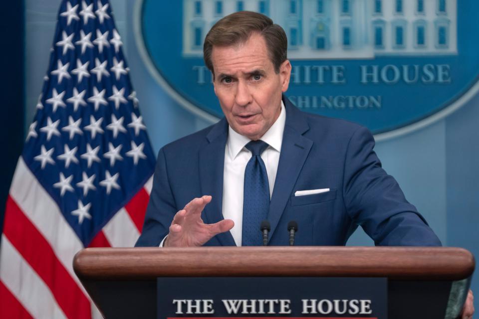 National Security Council spokesman John Kirby speaks Tuesday, Oct. 24, 2023, during a briefing at the White House in Washington. (AP Photo/Mark Schiefelbein)