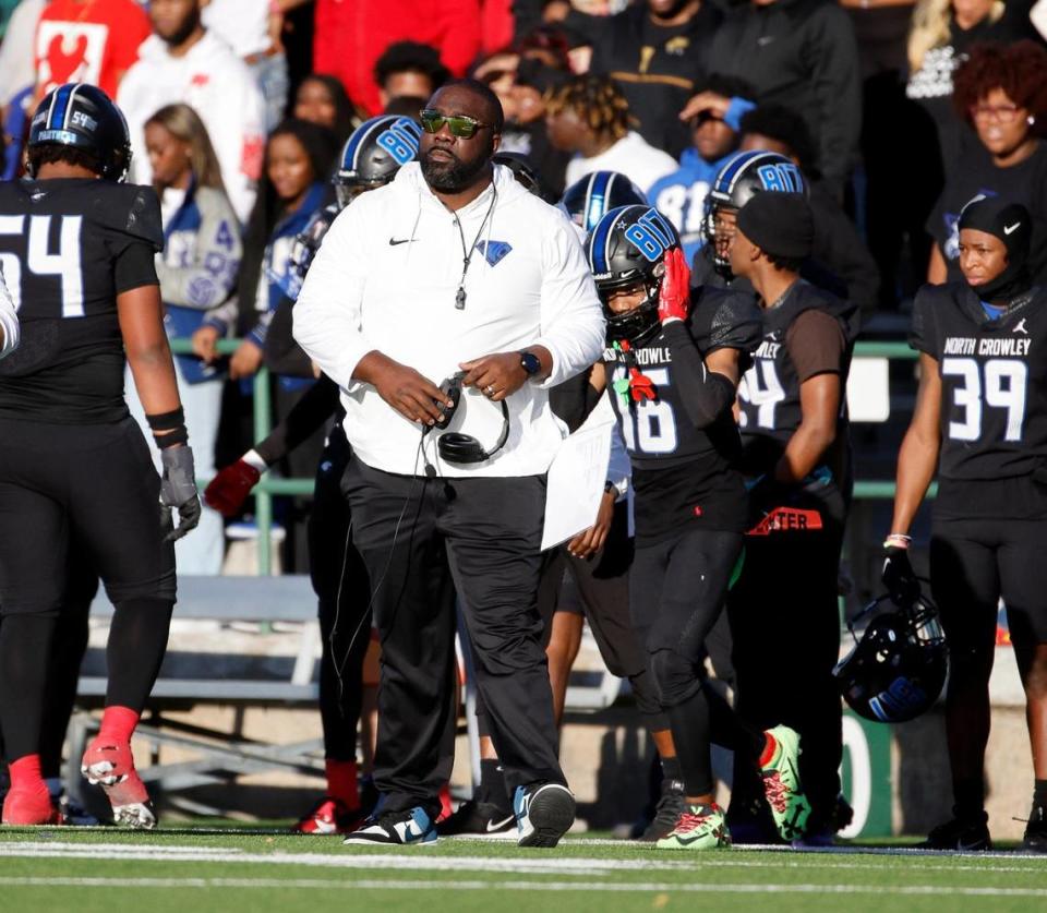North Crowley head coach Ray Gates, the 2023 Fort Worth-area Coach of the Year, walks the sidelines during the State Semifinal against Duncanville. Bob Booth/Special to the Star-Telegram