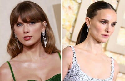 Image caption (text): Taylor Swift 和 Natalie Portman 在 2024 年金球獎上佩戴 De Beers 珠寶綻放光彩