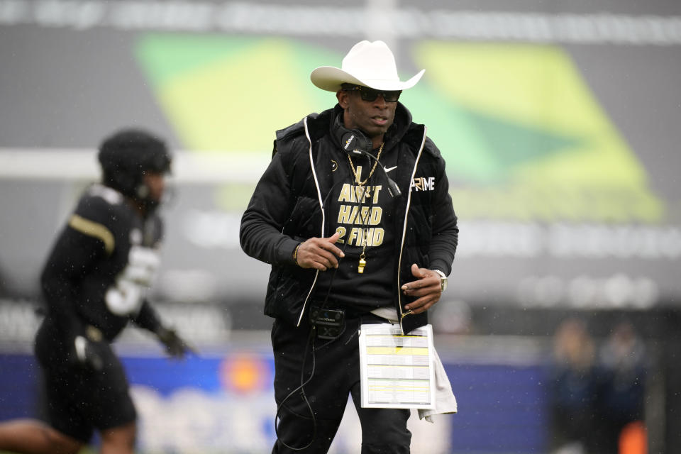 Colorado head coach Deion Sanders looks on during the first half of the team's spring NCAA college football game Saturday, April 22, 2023, in Boulder, Colo. (AP Photo/David Zalubowski)