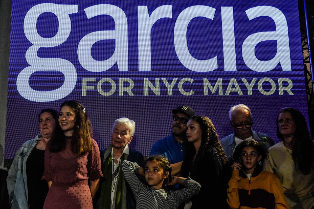 The family of Kathryn Garcia listens while Kathryn Garcia, candidate for Mayor of New York City, delivers remarks to supporters on June 22, 2021, in the Bushwick neighborhood in New York City. After polls closed at 9 pm, early results suggested that Eric Adams held the lead as ranked-choice voting was used for the first time. The final results of the Democratic primary for Mayor of New York City may not come until two weeks later.