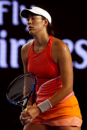 Spain's Garbine Muguruza reacts during her third round match against Czech Republic's Barbora Strycova at the Australian Open tennis tournament at Melbourne Park, Australia, January 23, 2016. REUTERS/Jason Reed