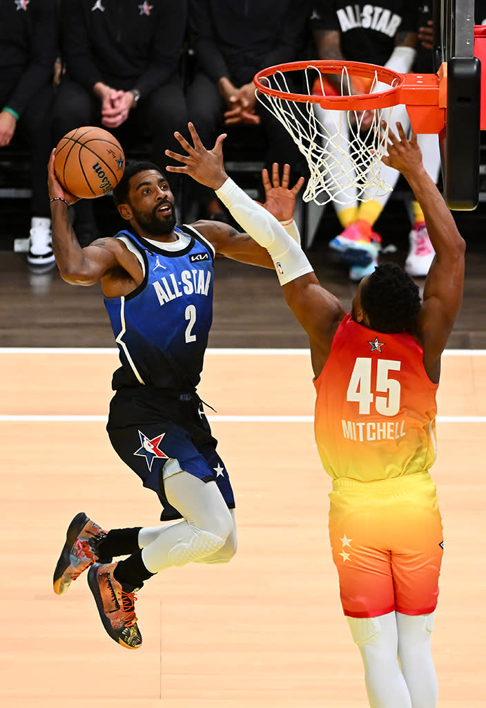 Kyrie Irving in the Nike Kyrie 3 custom by Soles by Sir at the 2023 NBA All-Star Game. - Credit: Alex Goodlett/Getty Images