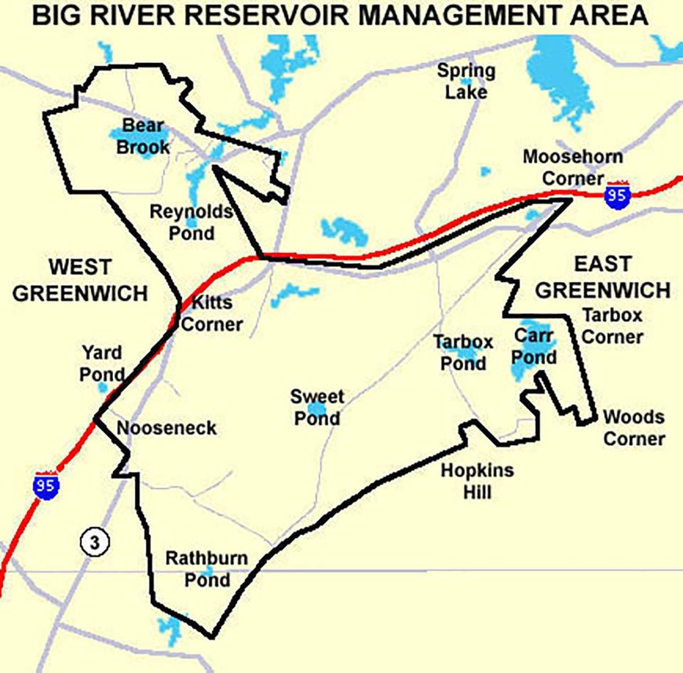 A map of the Big River Management Area, which encompasses parts of West Greenwich, Coventry and Exeter.