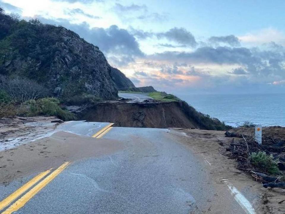 Both lanes of Highway 1 in Big Sur, California, were destroyed in a mudslide during a winter storm. 