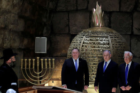 Israeli Prime Minister Benjamin Netanyahu, U.S. Secretary of State Mike Pompeo and U.S. Ambassador to Israel David Friedman visit the Western Wall Tunnels in Jerusalem's Old City March 21, 2019. REUTERS/Jim Young/Pool