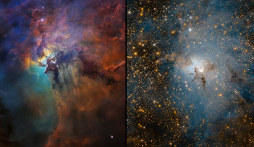 <span class="caption">Nebulosa de la Laguna (M8) registrada en el visible (izquiera) e infrarrojo (derecha).</span> <span class="attribution"><span class="source">NASA</span></span>