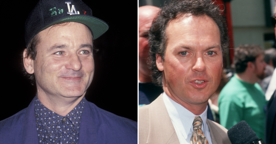 Left: Bill Murray smiling in baseball cap. Right: Michael Keaton in beige suit and tie in the early 90s