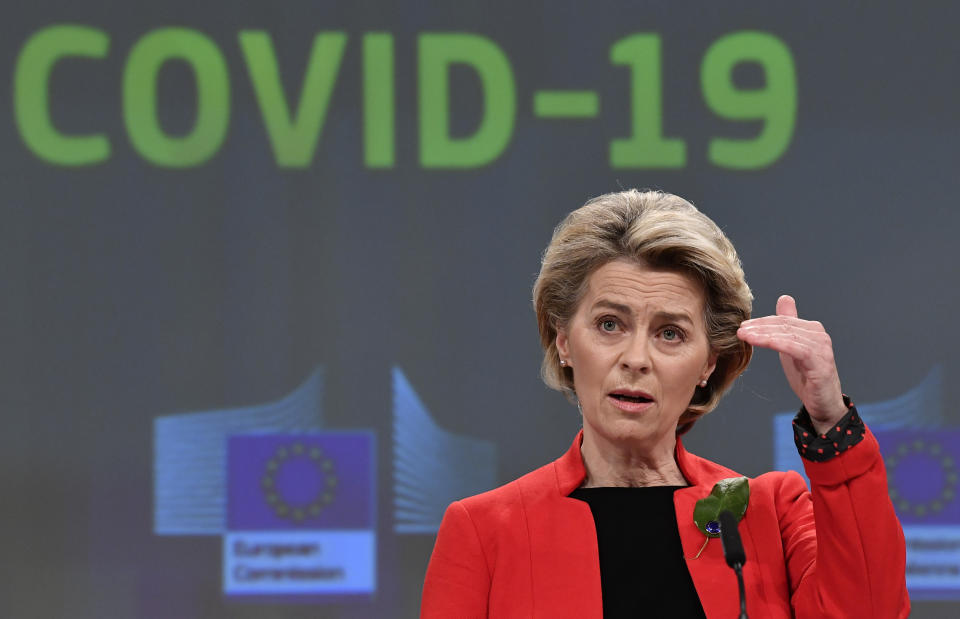 European Commission President Ursula von der Leyen speaks during a media conference on the Commissions response to COVID-19 after a meeting of the College of Commissioners at EU headquarters in Brussels, Wednesday, March 17, 2021. The European Commission is proposing Wednesday to create a Digital Green Certificate to facilitate safe free movement inside the EU during the COVID-19 pandemic. (John Thys, Pool via AP)