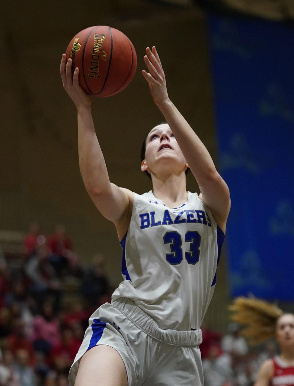 Millbrook's Emily Grasseler (33) with a layup during their 59-45 win over Randolph in the girls NYSPHSAA Class C championship game at Hudson Valley Community College in Troy, on Sunday, March 19, 2023.