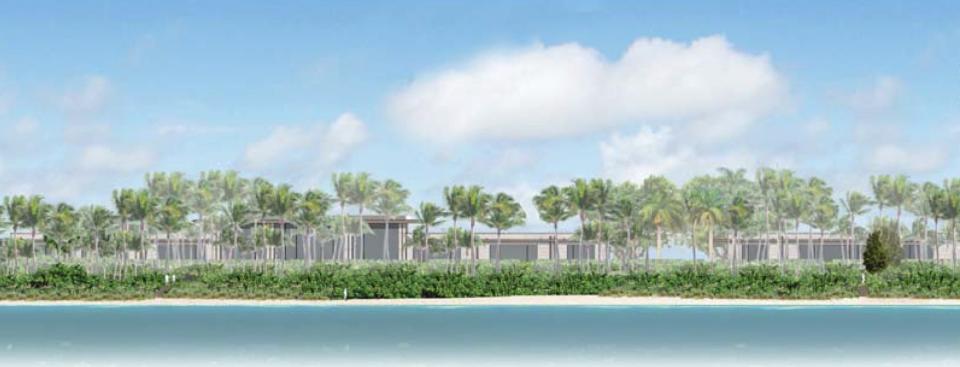 Viewed from the Atlantic Ocean, the main residence at 60 Blossom Way in Palm Beach can be seen at the left and the guest house at the far right. The estate is being built by Citadel investments billionaire Ken Griffin for his mother.