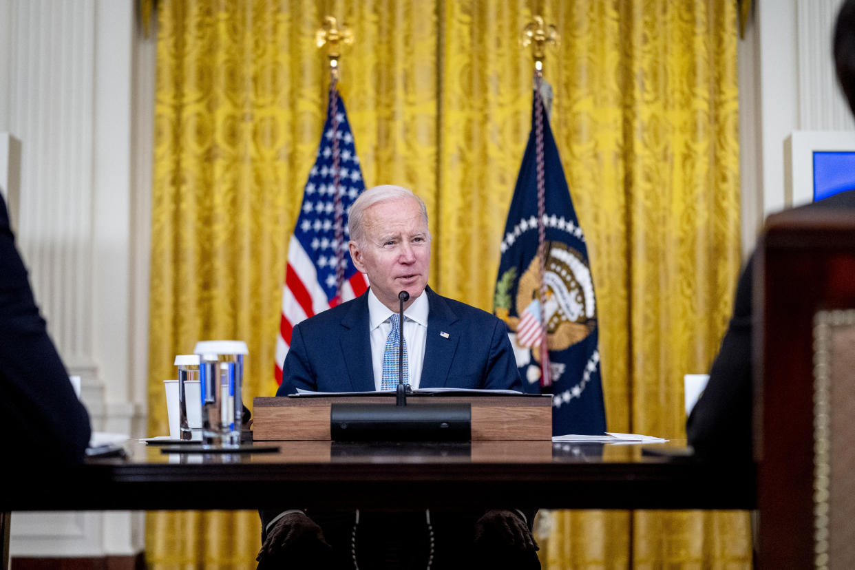 President Joe Biden speaks at a meeting with his Competition Council on the economy and prices in the East Room of the White House in Washington, Wednesday, Feb. 1, 2023. (AP Photo/Andrew Harnik)