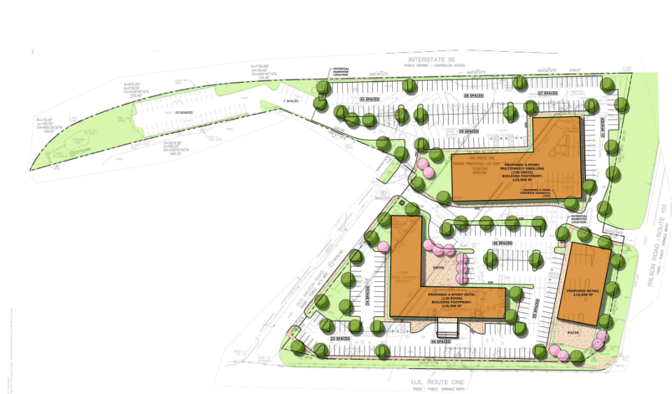 Plans for the redevelopment of the Outlets at Kittery at 283 Route 1 including a 120-room hotel, a 100-unit apartment building and a 10,000-square-foot retail and restaurant building.