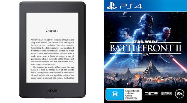 Amazon's own Kindle eReader (left) is listed $20 cheaper at other stores, while it's selling Star Wars Battlefront II $20 less than other retailers. Source: Amazon Australia