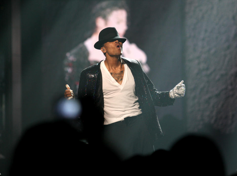 Musician Chris Brown performs a Michael Jackson tribute onstage during the 2010 BET Awards held at the Shrine Auditorium on June 27, 2010 in Los Angeles, California. - Credit: Frederick M. Brown/Getty Images