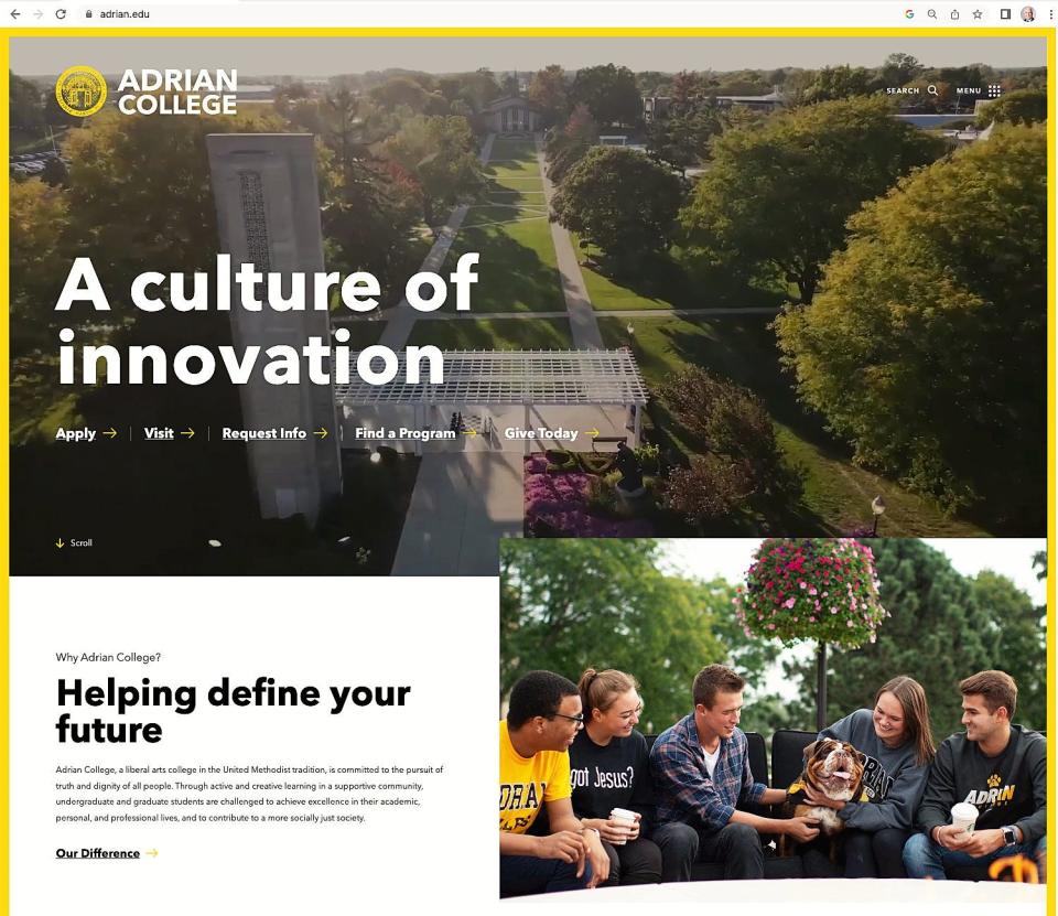 This image, provided by Adrian College, shows the layout and design of the college's new, secure and interactive website, which was officially launched in January 2023. The college’s marketing and public relations department began transferring data from its “old, outdated” website, created in 2012, to the newly launched website at the end of 2020.