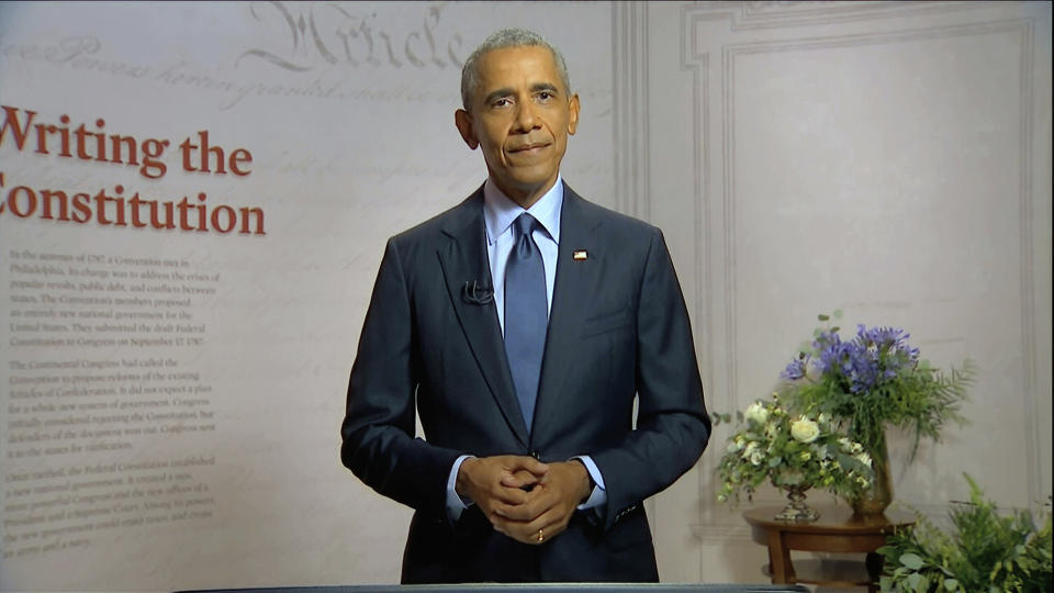 In this image from video, former President Barack Obama speaks during the third night of the Democratic National Convention on Wednesday, Aug. 19, 2020. (Democratic National Convention via AP)