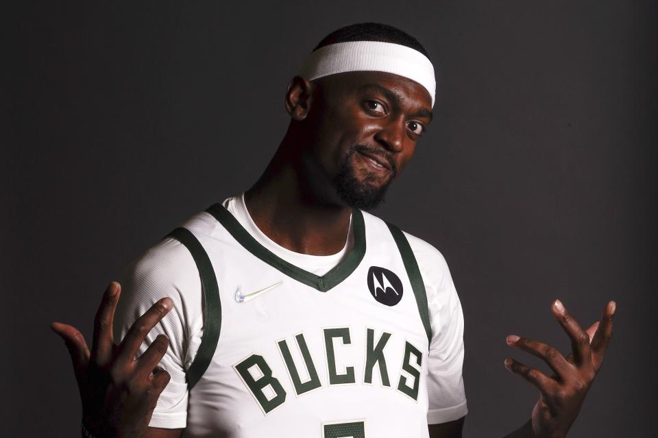 Milwaukee Bucks' Bobby Portis poses for a picture during an NBA basketball media day Monday, Sept. 27, 2021, in Milwaukee. (AP Photo/Morry Gash)