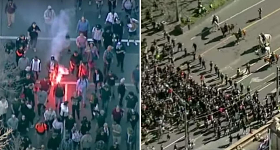 Protesters bumrushed a police line in the city as demonstrators walked through the CBD. Source: ABC News