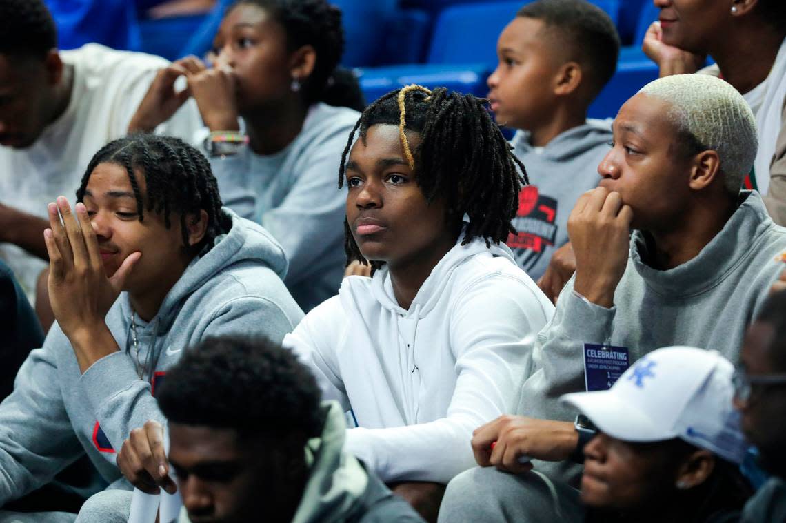 Class of 2025 Kentucky recruit Jasper Johnson sits in the stands during Big Blue Madness at Rupp Arena last October. Johnson has included the Wildcats in his top-10 list of schools. Silas Walker/swalker@herald-leader.com