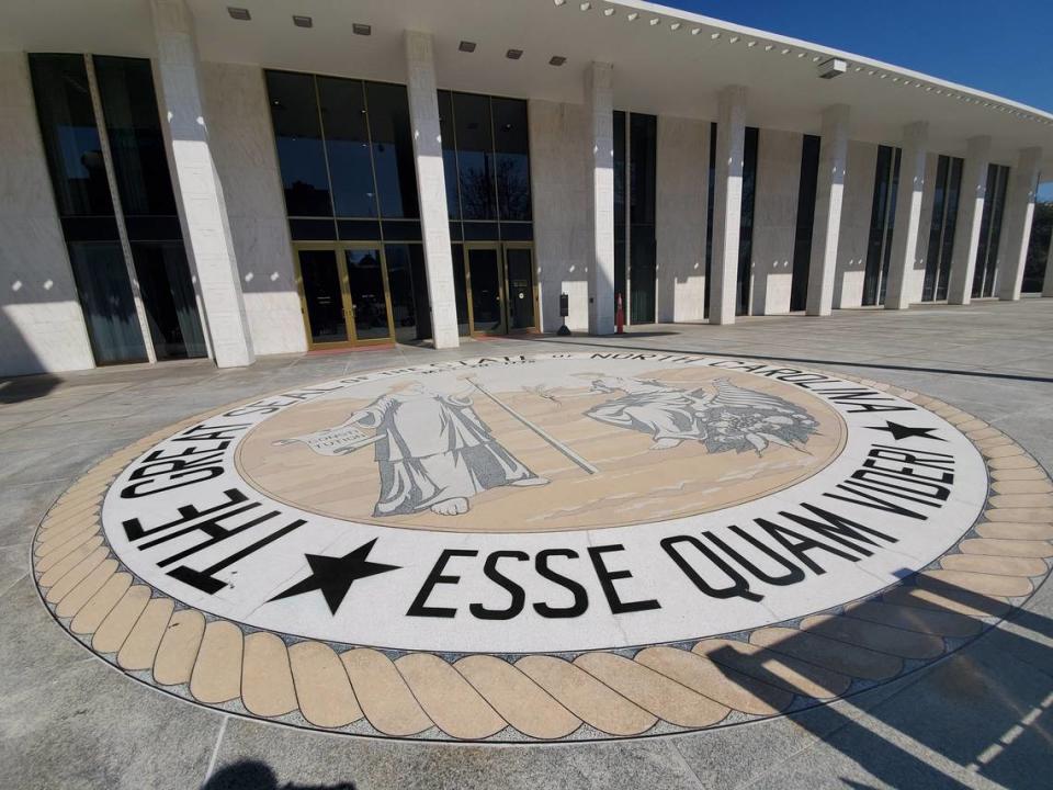 The North Carolina Legislative Building, with state seal in foreground, is pictured in March 2021.