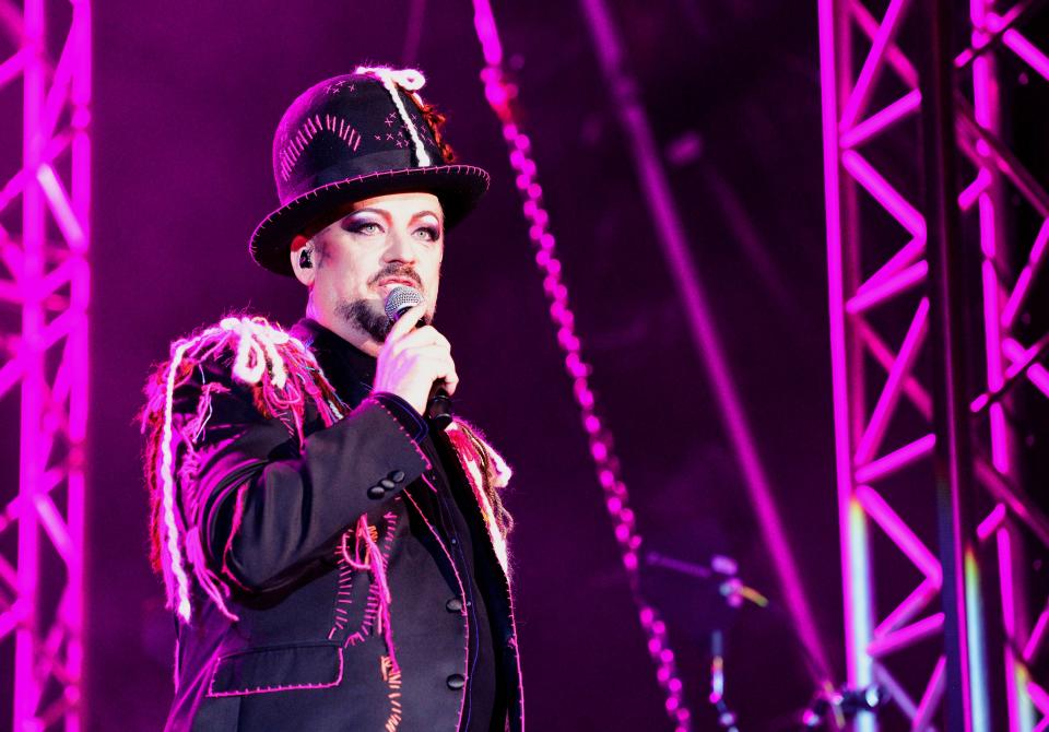 SAFFRON WALDEN, ENGLAND - AUGUST 12: Boy George of Culture Club performs on stage at Audley End House on August 12, 2021 in Saffron Walden, England. (Photo by Gus Stewart/Redferns)