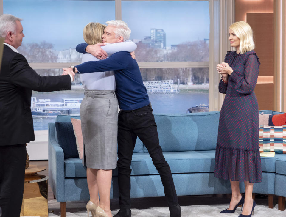 Editorial use only
Mandatory Credit: Photo by S Meddle/ITV/Shutterstock (10550528l)
Phillip Schofield and Holly Willoughby with Eamonn Holmes and Ruth Langsford as Phillip Schofield comes out as gay
'This Morning' TV show, London, UK - 07 Feb 2020