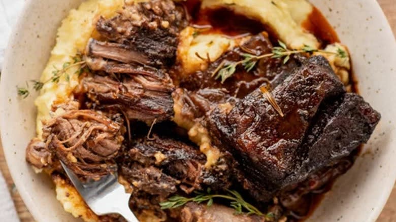 Top-down view of red wine-braised beef short ribs