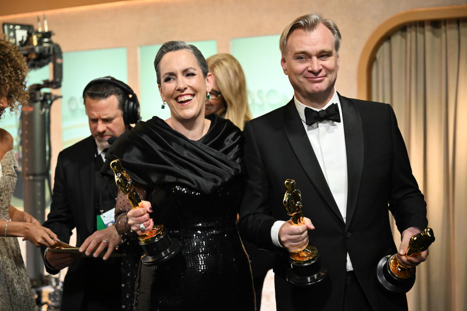 HOLLYWOOD, CALIFORNIA - MARCH 10: In this handout photo provided by A.M.P.A.S., Emma Thomas and Christopher Nolan are seen backstage during the 96th Annual Academy Awards at Dolby Theatre on March 10, 2024 in Hollywood, California. (Photo by Richard Harbaugh/A.M.P.A.S. via Getty Images)