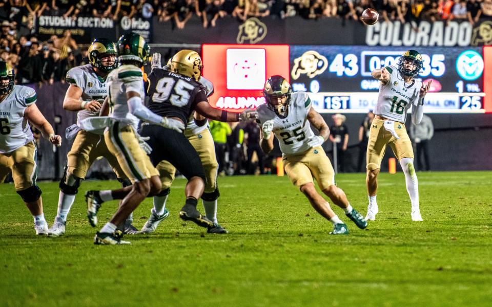 CSU football quarterback Brayden Fowler-Nicolosi (16) throws downfield against Colorado in the Rocky Mountain Showdown on Sept. 16, 2023 at Folsom Field in Boulder, Colo.