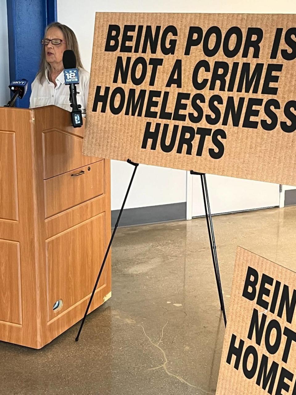 Ginny Ramsey of the Catholic Action Center at a press conference on her group’s homeless count in Lexington