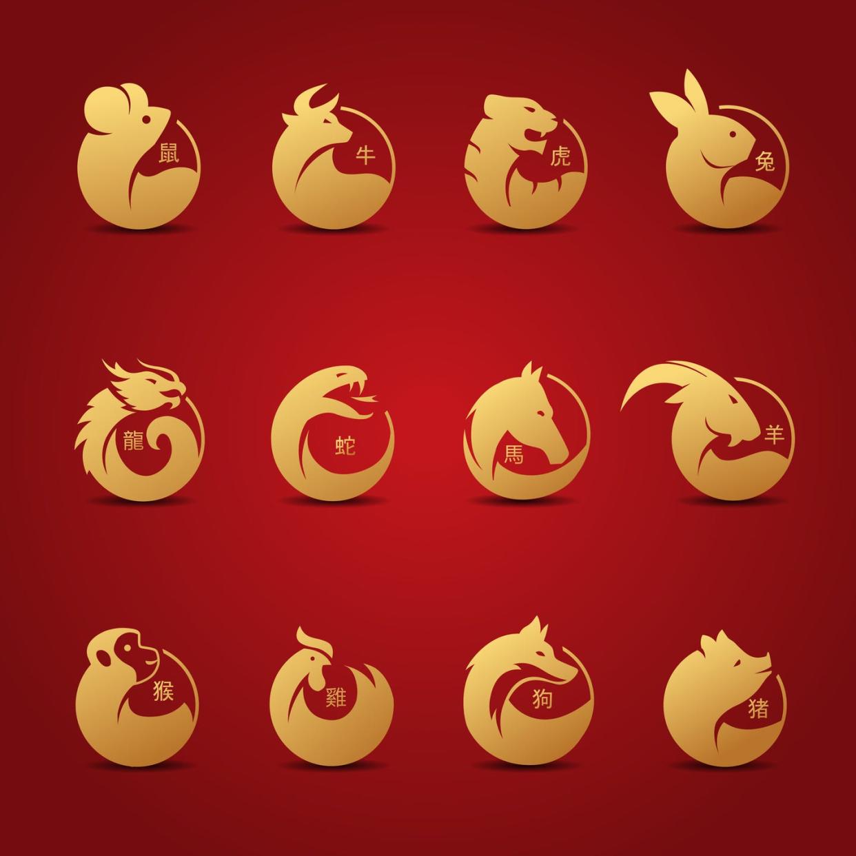 chinese zodiac sign icons gold colour vector illustration