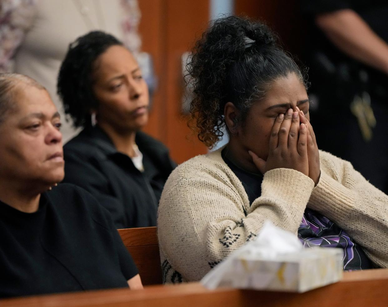 Roniesh Perry, Christina Perry's younger sister, reacts during the sentencing Tuesday of Ricky Williams Jr., 34, of Columbus' South Side, for fatally shooting Christina in front of Christina's teenage son in the first of two back-to-back road rage shootings in October 2020. A second woman Williams shot at the next day escaped injury.  Williams was sentenced to life in prison with the opportunity for parole in 22 years under the terms of his plea agreement.