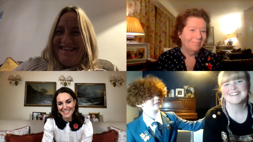 EMBARGOED TO 2200 TUESDAY NOVEMBER 10 Handout image dated 09/11/20 issued by Kensington Palace of (top row, left to right) Chantelle Wynn and Serena Alexander, and (bottom row, left to right) the Duchess of Cambridge, Charlton and Sonia Fleming, during a video call where Kate marked Remembrance week by speaking to three women who have mourned the loss of partners or close family and heard how they have been supported by the Royal British Legion.