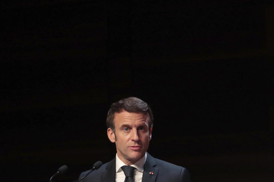 French President Emmanuel Macron speaks during the H2Med summit in Alicante, Spain, Friday Dec. 9, 2022. The H2Mad summit is to discuss a plan for an undersea pipeline that would eventually transport hydrogen and will connect the ports of Barcelona in Spain and Marseille in France. (AP Photo/J.M Fernandez)