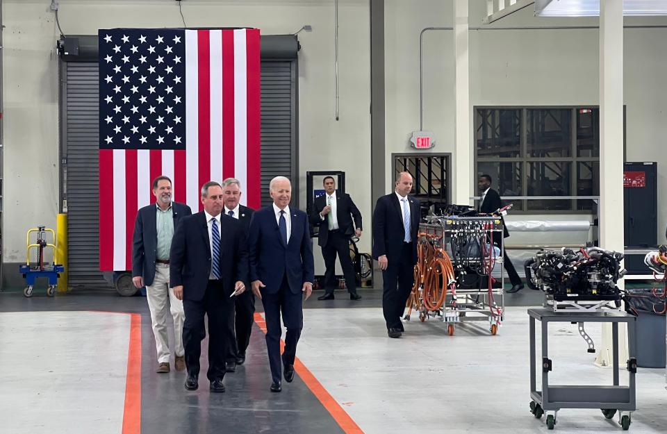 Presiden Joe Biden walks onto the floor at Volvo Group Trucks powertrain plant Thursday in Hagerstown.