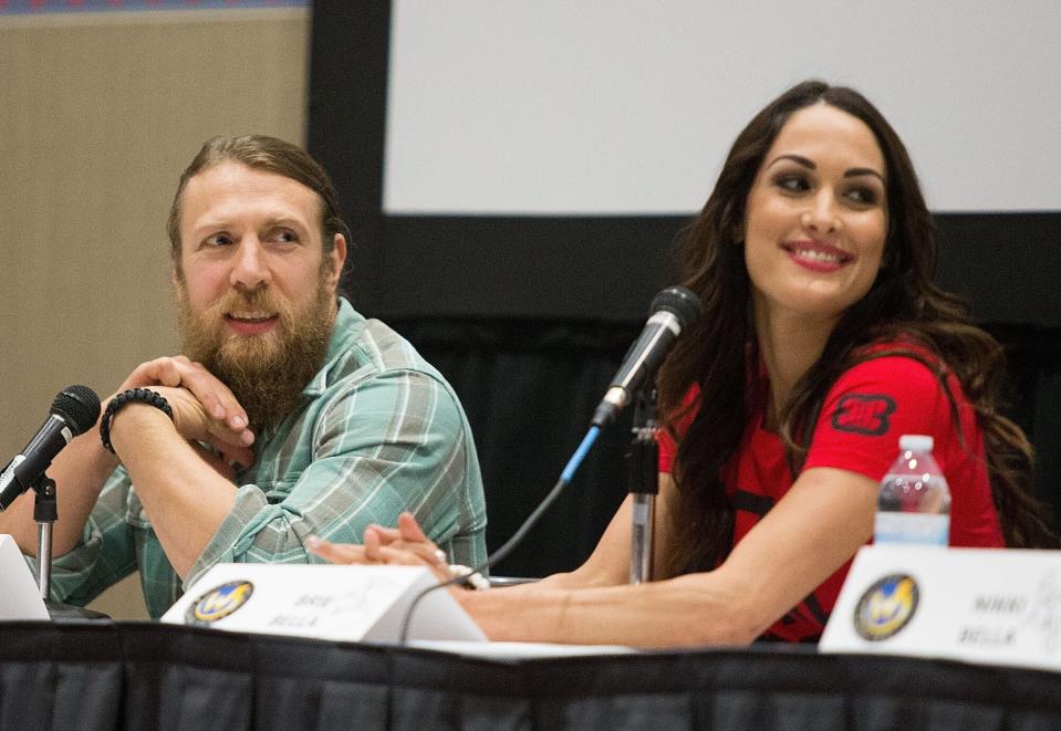 Daniel Bryan and Brie Danielson of The Bella Twins speaks at Wizard World Comicon at Oregon Convention Center on January 24, 2015 in Portland, Oregon.