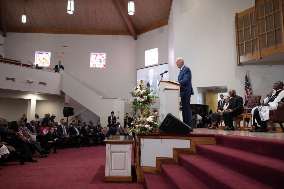 President Biden speaks at a service at St. John Baptist Church in West Columbia, S.C.