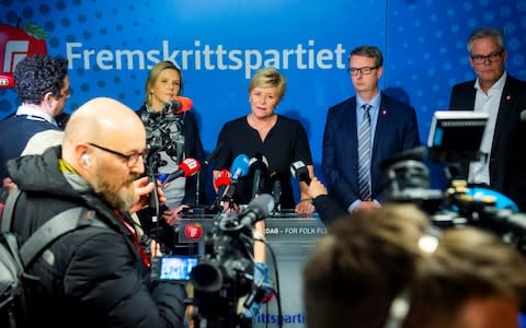 The party's parliament group Hans Andreas Limi, deputy leaders Sylvi Listhaug and Terje Soviknes  - Credit: NTB Scanpix/Fredrik Varfjel via REUTERS