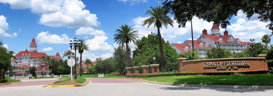 A view of Disney's Grand Floridian Resort main entrance, at Walt Disney World in Lake Buena Vista, Fla., Monday, June 22, 2020. The Villas at the Grand Floridian opened Monday as a part of select resorts in the first group to reopen since being shutdown by the coronavirus pandemic in March. Other properties that opened Monday include Disney's Fort Wilderness Resort & Campground, Bay Lake Tower at Disney's Contemporary Resort, Boulder Ridge Villas and the Copper Creek Villas & Cabins at Wilderness Lodge, Kidani at Disney's Animal Kingdom Villas; the Beach Club Villas, the BoardWalk Villas, Old Key West, Polynesian Villas & Bungalows, Riviera Resort, and Saratoga Springs. (Joe Burbank/Orlando Sentinel/Tribune News Service via Getty Images)