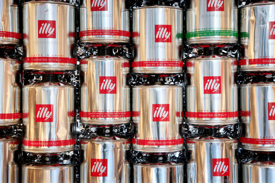 A display of cans of Illy coffee is shown, Tuesday, Nov. 23, 2010 in New York. (AP Photo/Mark Lennihan)