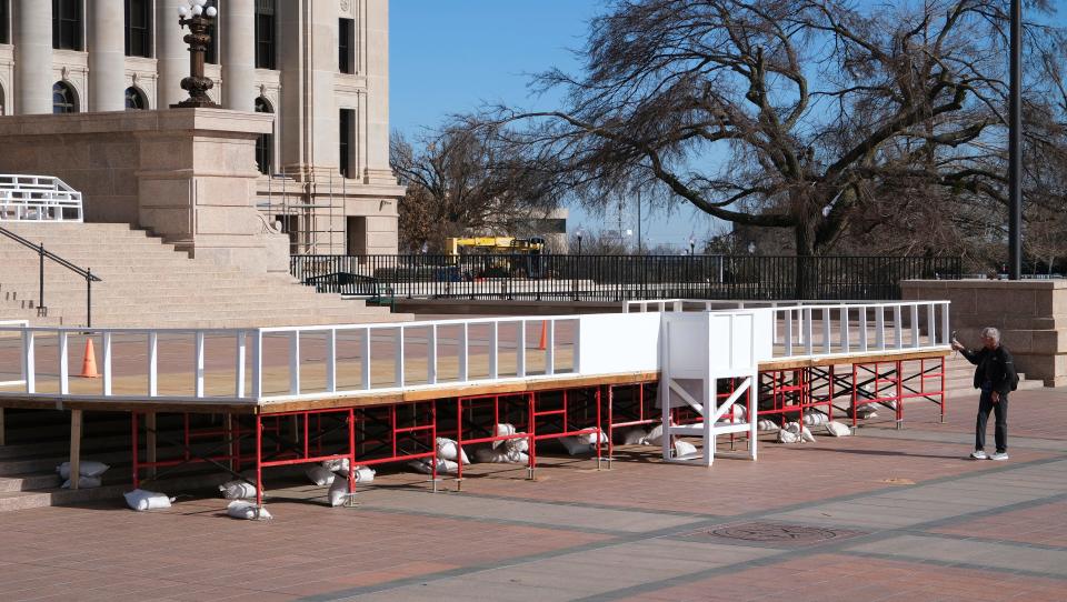 The stage and media platforms for the Oklahoma governor's inauguration ceremony are seen Thursday on the south plaza of the state Capitol.