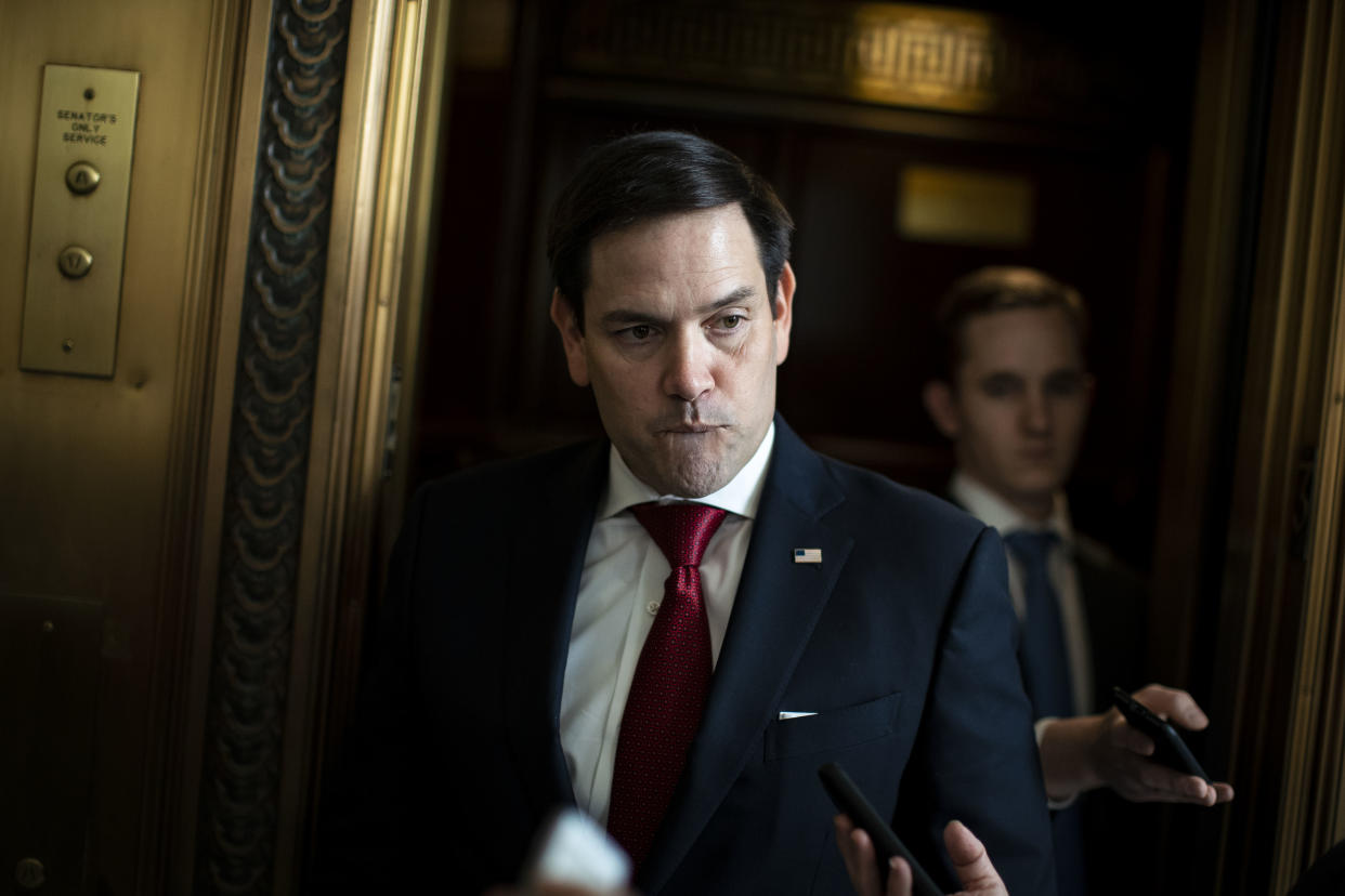 Senator Marco Rubio, a Republican from Florida, pauses while speaking to members of the media on Capitol Hill in Washington, D.C., U.S., on Wednesday, March 18, 2020. (Al Drago/Bloomberg via Getty Images)