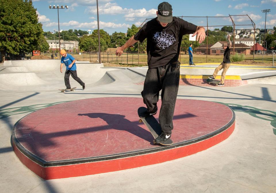 Brett Hagan of Worcester rolls across a heart-shaped feature in a nod to the Worcester city seal at the new skateboard park at Crompton Park.