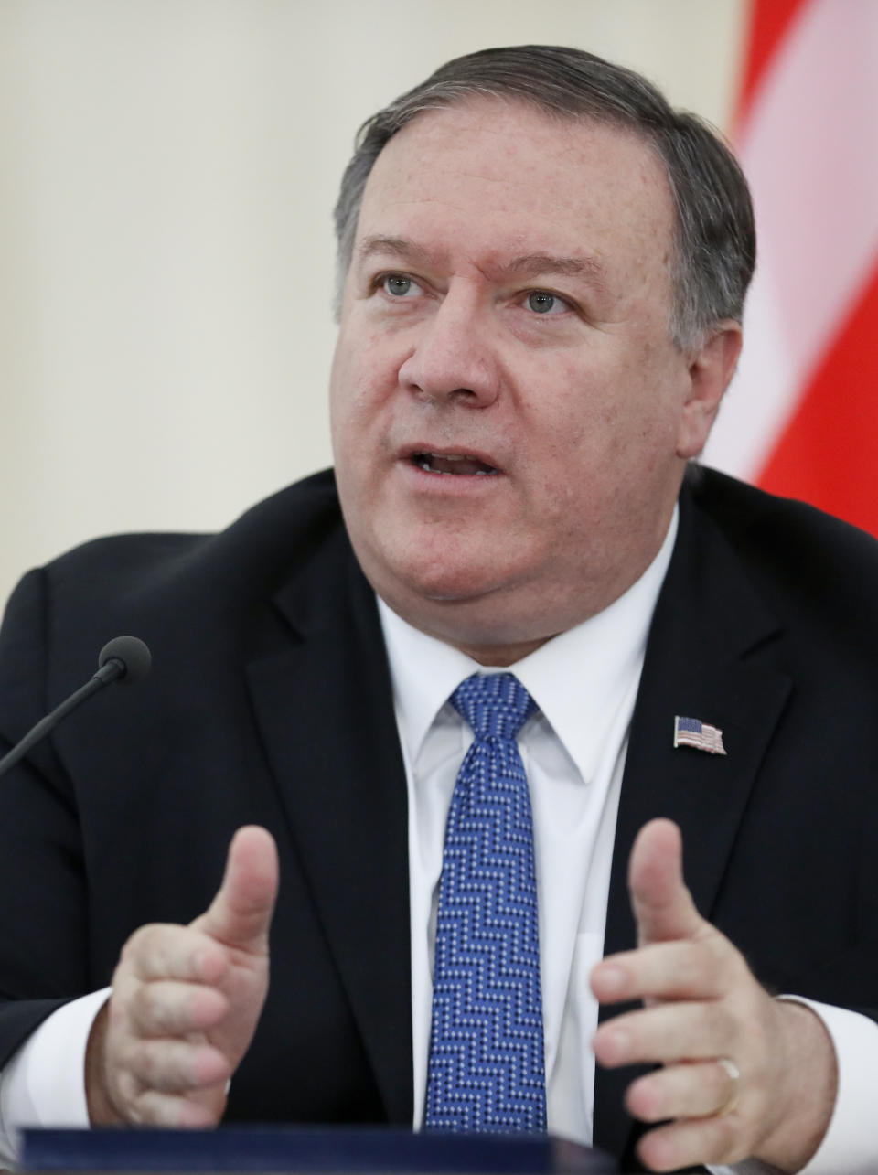 U.S. Secretary of State Mike Pompeo gestures while speaking during his and Russian Foreign Minister Sergey Lavrov joint news conference following the talks in the Black Sea resort city of Sochi, southern Russia, Tuesday, May 14, 2019. Pompeo's first trip to Russia starts Tuesday in Sochi, where he and Russian Foreign Minister Sergey Lavrov are sitting down for talks and then having a joint meeting with President Vladimir Putin. (AP Photo/Pavel Golovkin, Pool)